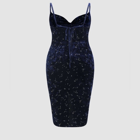 Blue Velvet Cowl Neck Midi Curve Dress Plus Size - Picture 2 of 3